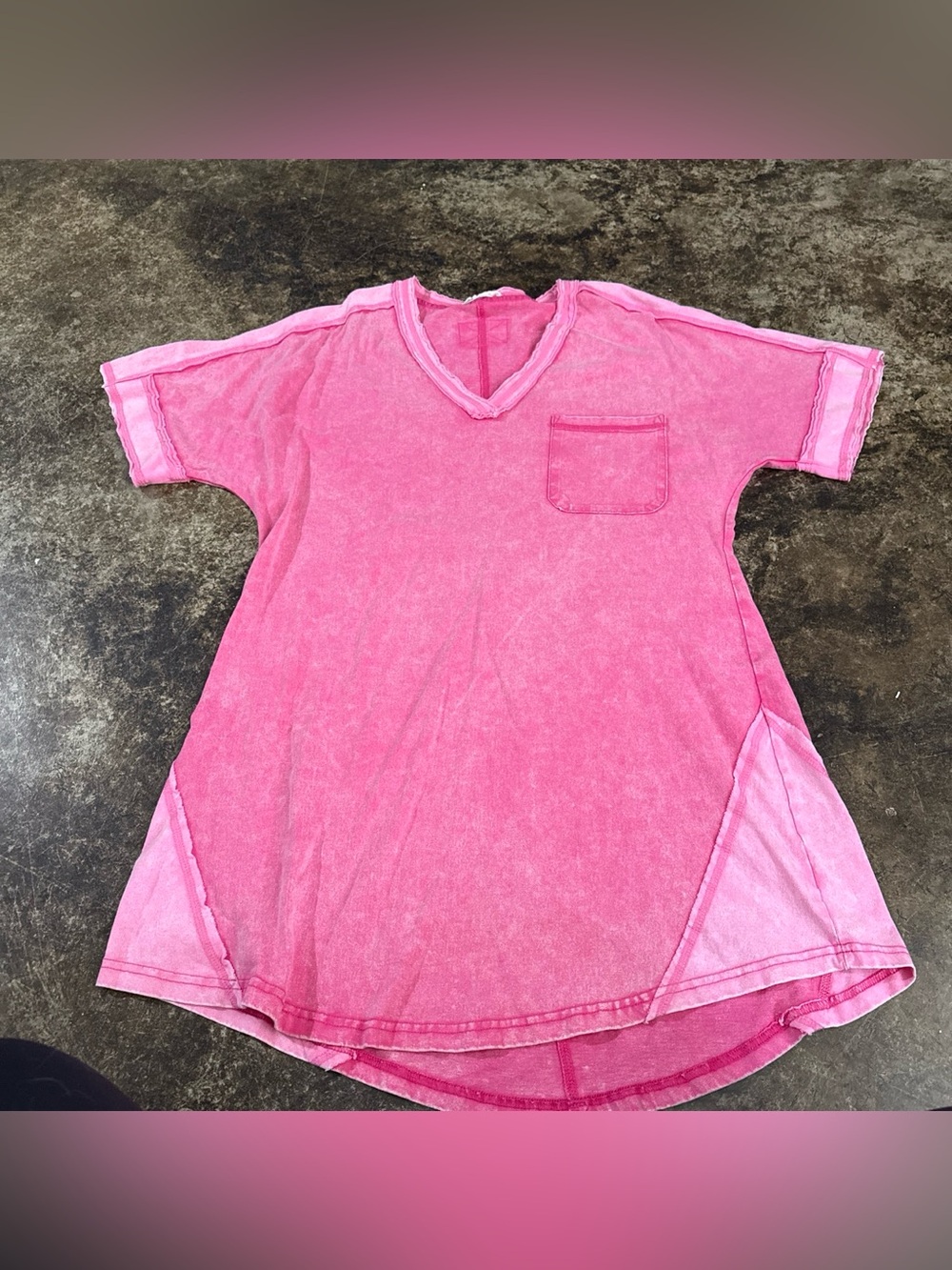 Acid-Washed Pink V-Neck Dress with Pocket